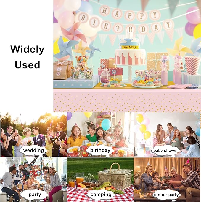 2 Pack Pink and Gold Tablecloth Party Decorations Plastic Pink Tablecloth Printed Gold Table Runner 54 x108 Inch Disposable Rectangle Table Cover for Birthday Wedding Graduation Anniversary