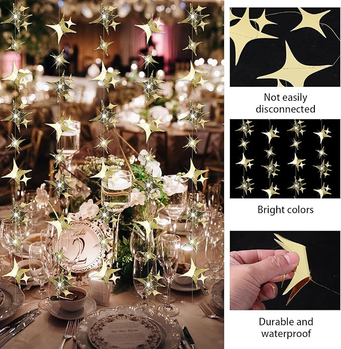 Glitter Gold Star Garland Banner, 52 Feet Twinkle Star Hanging Bunting Banner Backdrop for Wedding Birthday Baby Shower Graduation Christmas Party Decorations(Gold)