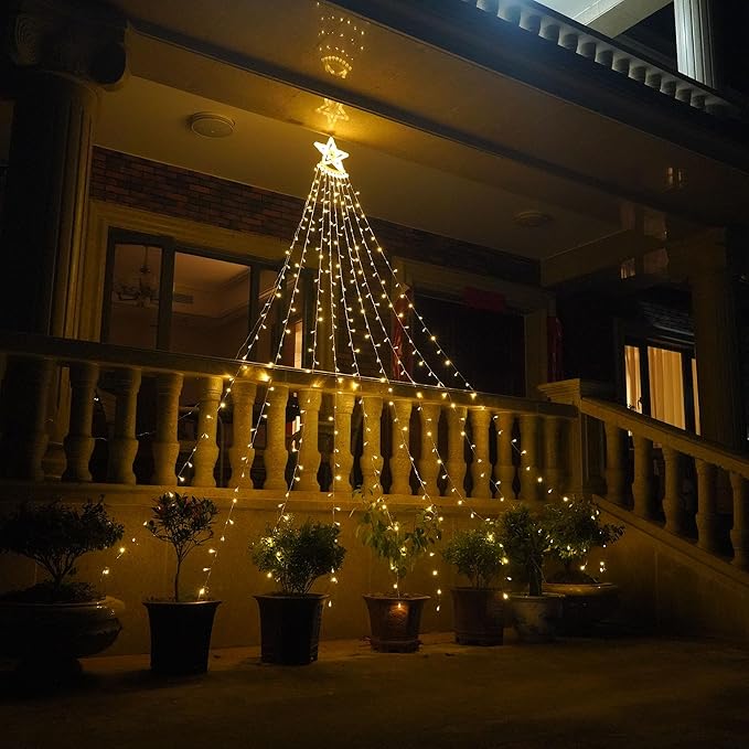 Outdoor Christmas Decorations 350 LEDs Christmas Lights with 9 Strands 11.5ft Waterfall Christmas Tree Lights, 8 Modes,Waterproof,Topper Star for Yard Patio Xmas Wedding,Party,New Year (Warm White)