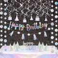 28-Piece Iridescent Birthday Party Decoration Kit – Happy Birthday Banner, Hanging Swirls, Garlands, Table Centerpiece, Tablecloth & Cone Hats for a Shimmering, Photo-Ready Celebration