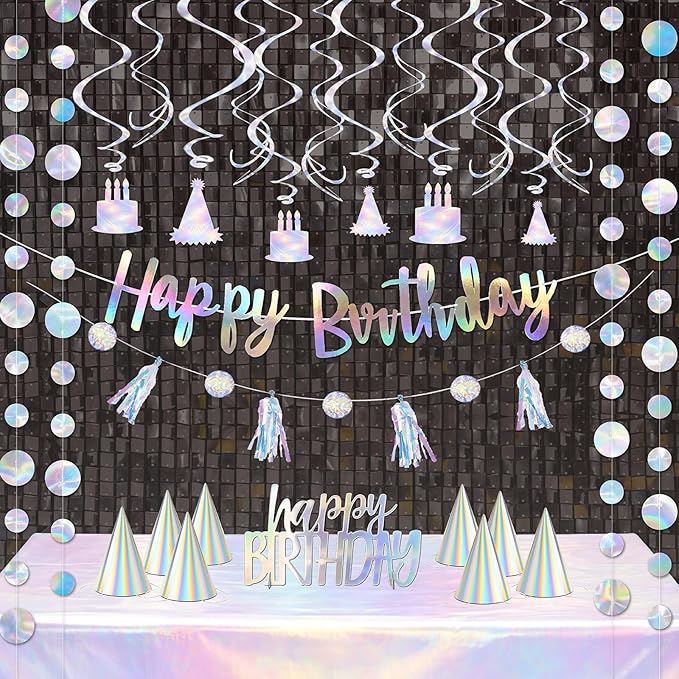 28-Piece Iridescent Birthday Party Decoration Kit – Happy Birthday Banner, Hanging Swirls, Garlands, Table Centerpiece, Tablecloth & Cone Hats for a Shimmering, Photo-Ready Celebration