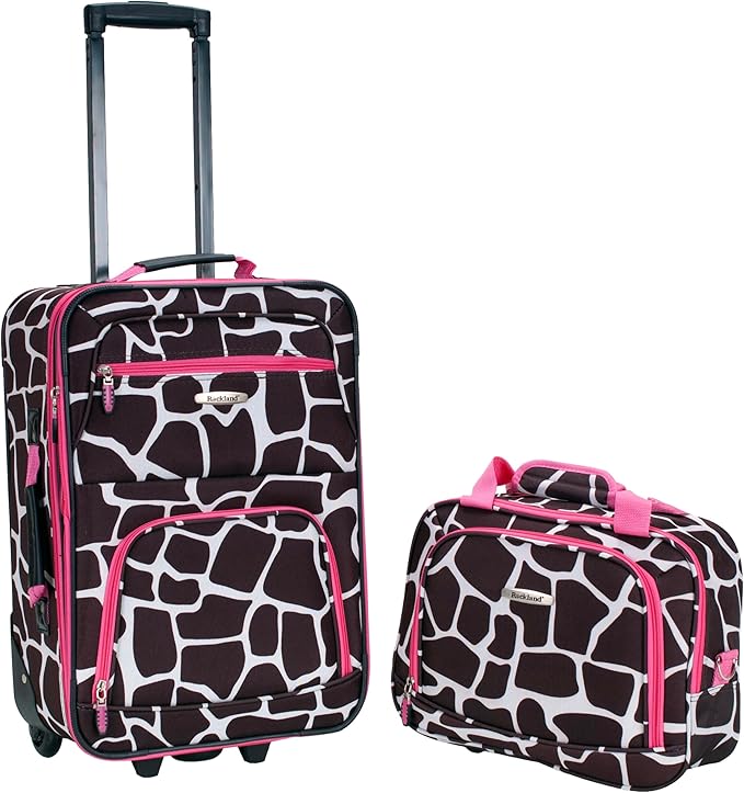 Rockland Fashion Softside 2 Piece Luggage Set, Expandable, (14" Tote/19" Upright), Pink Giraffe