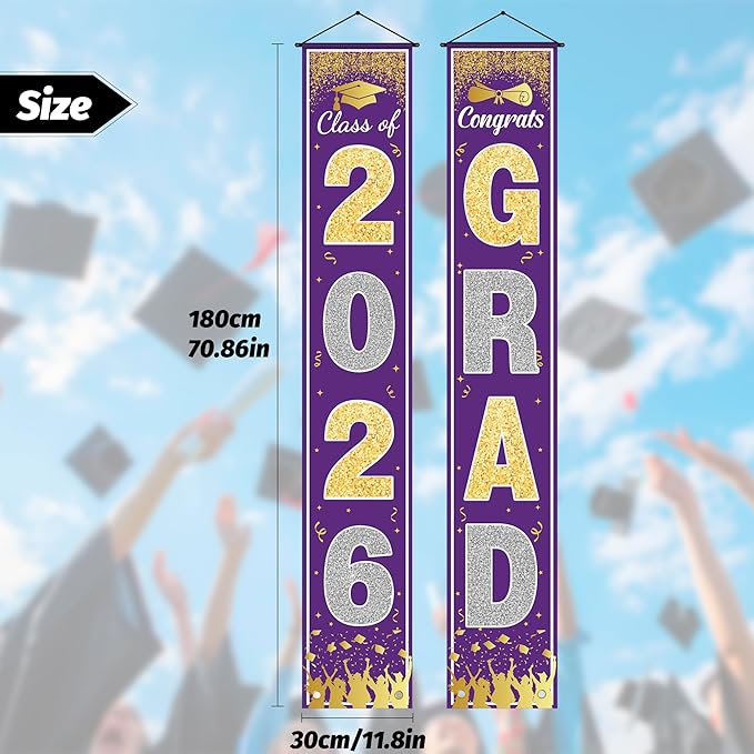 OHOME Graduation Decorations 2026 - Purple Gold Congrats Grad Porch Banner for Graduation Party Decorations - Class of 2026 - Party Favors Supplies Backdrop Yard Signs Decor (Purple)