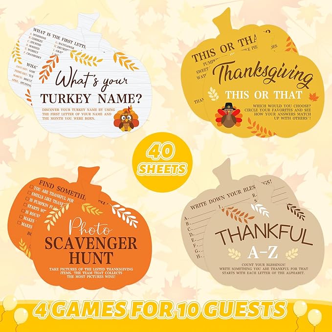 COCHIE Thanksgiving Games for Family Party Adults Office Large Groups, What is Your Turkey Name Games, Autumn Photo Scavenger Hunt Game, Fall This or That Classroom Activities (Pumpkin)