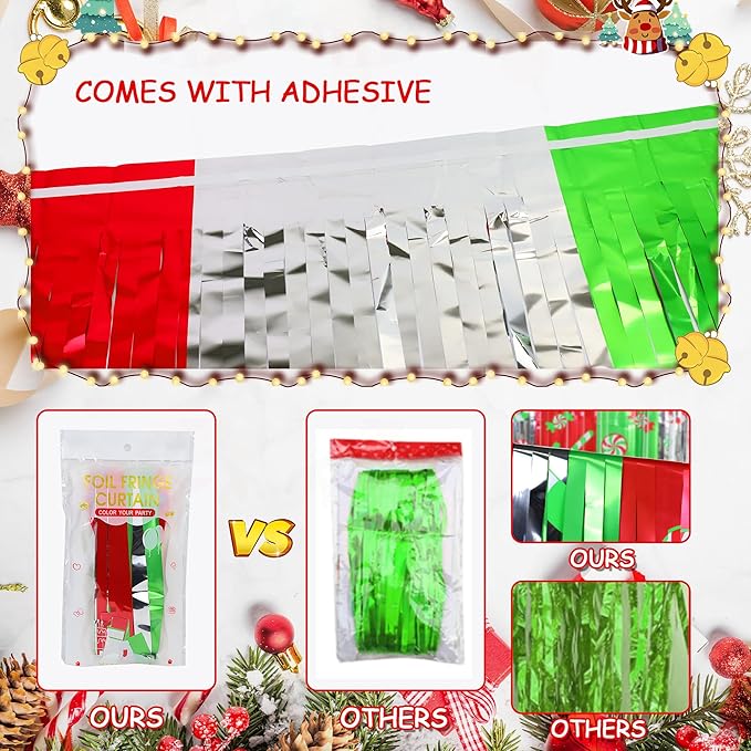 Christmas Party Decorations Candy Cane Foil Fringe Curtains, 2Pcs Red Silver Green Christmas Backdrop Photo Booth Prop Streamers for Ugly Sweater Party, 3.3x6.6Ft