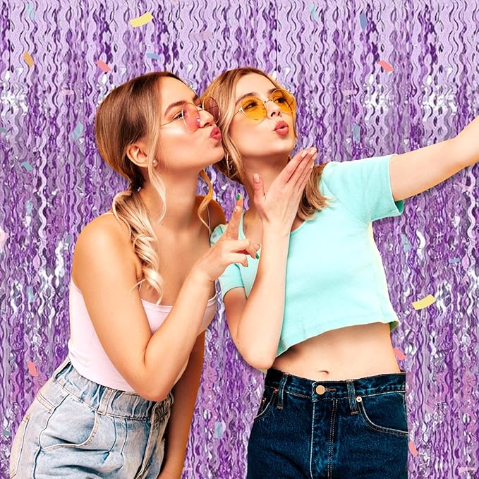4 Pack Light Purple Wave Foil Fringe Curtain Backdrop, 3.28Ft x 8.2Ft Metallic Tinsel Foil Fringe Streamer Curtains for Photo Booth, Mother's Day, Easter, Birthday, Wedding Party Decoration