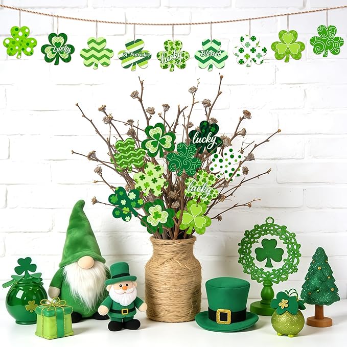 36PCS Wooden Shamrock Ornaments to Paint St. Patrick's Day Decorations,9 Styles DIY Blank Unfinished Wood Shamrock Cutouts Ornament for Tree Home Crafts Hanging Gifts Indoor Spring Farmhouse