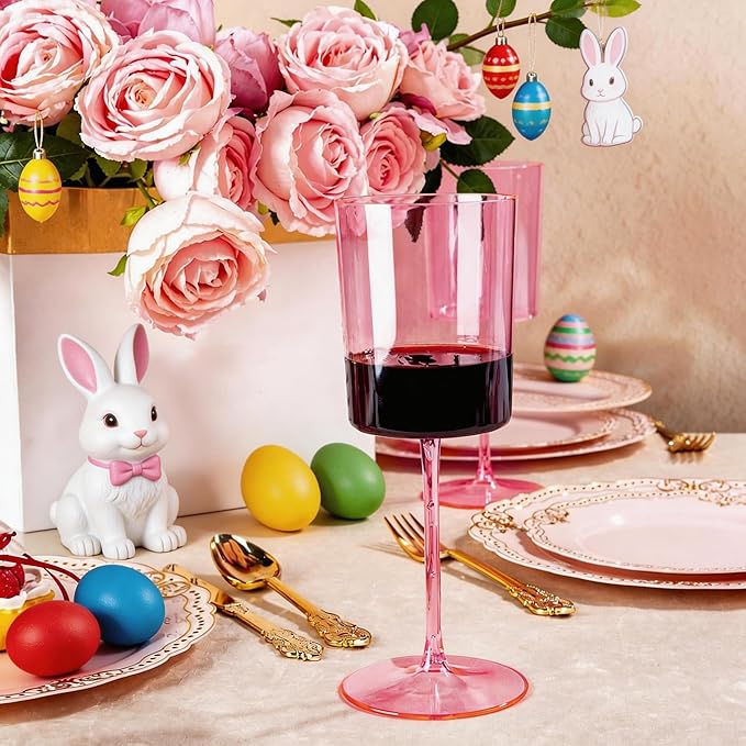 Ciaell 12 Pack Pink Plastic Wine Glasses - 14Oz Plastic Wine Glasses with Stem - Disposable Stemmed Wine Glass for Parties & Weddings & Outdoor & Easter