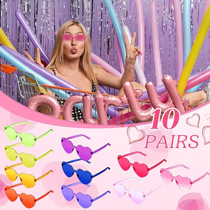 TOODOO 10 Pairs Heart Shaped Sunglasses Rainbow Sunglasses Candy Color Rimless Glasses for Women Girl Party Favor