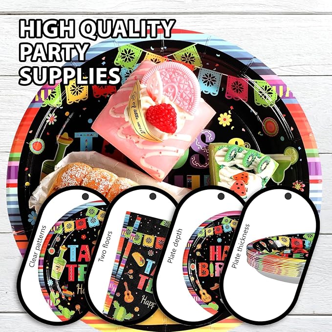 Grencian 96Pcs Taco and Tequila Birthday Party Supplies Mexican Fiesta Paper Plates and Napkins Mexican Colorful Stripe Disposable Tableware Set for Cinco De Mayo Birthday Party Decorations Serves 24