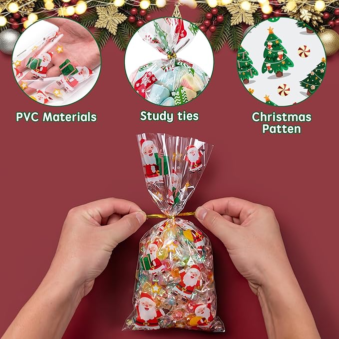 Aegero 120 Pcs Christmas Cellophane Treat Bags, Xmas Gift Candy Goodies Bags with 140 Pcs Twists for Xmas Party Favor Supplies,Kids Party Favors,Snacks Cookies Packing(10.63 x 5.12 inches,Christmas01)