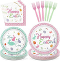 96Pcs Happy Easter Plates and Napkins Bunny Egg Disposable Easter Plates Egg Bunny Colorful Disposable Easter Paper Tableware Set for Happy Easter Spring Celebrations Birthday Party Supplies Serves 24