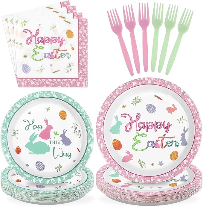 96Pcs Happy Easter Plates and Napkins Bunny Egg Disposable Easter Plates Egg Bunny Colorful Disposable Easter Paper Tableware Set for Happy Easter Spring Celebrations Birthday Party Supplies Serves 24