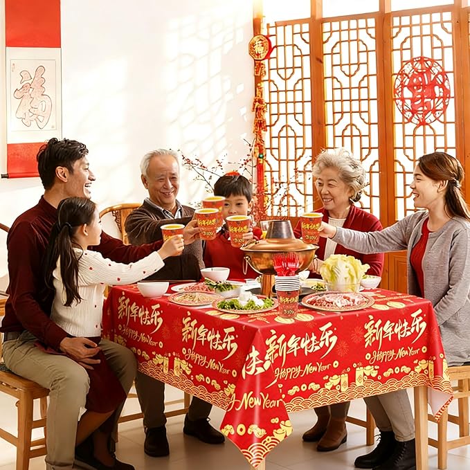 176Pcs Chinese New Year Paper Plates & Napkins Sets,Chinese New Year Dinnerware Sets Including Cups Plastic Cutlery Disposable Tablecloth for Lunar Years Supplies Decor,Serves 25