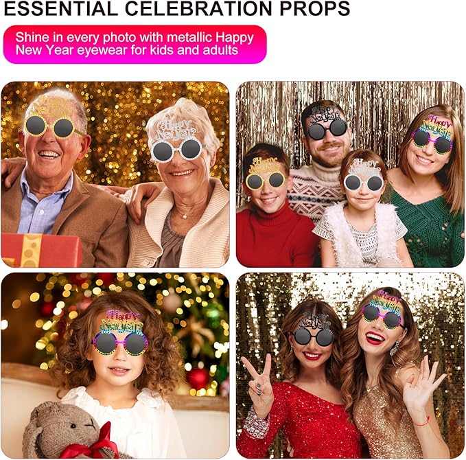 Happy New Year Metallic Glasses Shiny 2026 Party Eyeglasses for Adults & Kids Fun NYE Accessories & Photo Booth Props