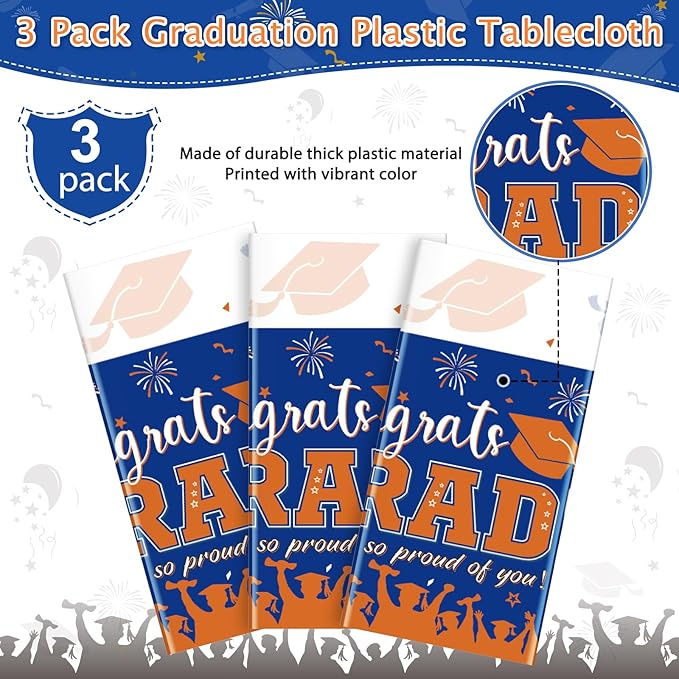 3Pack Graduation Tablecloth Party Decorations, Class of 2026 Congrats Grad Plastic Tablecover Party Supplies, Blue and Orange Rectangle Graduation Table Decor for College High School Party, 54x108Inch