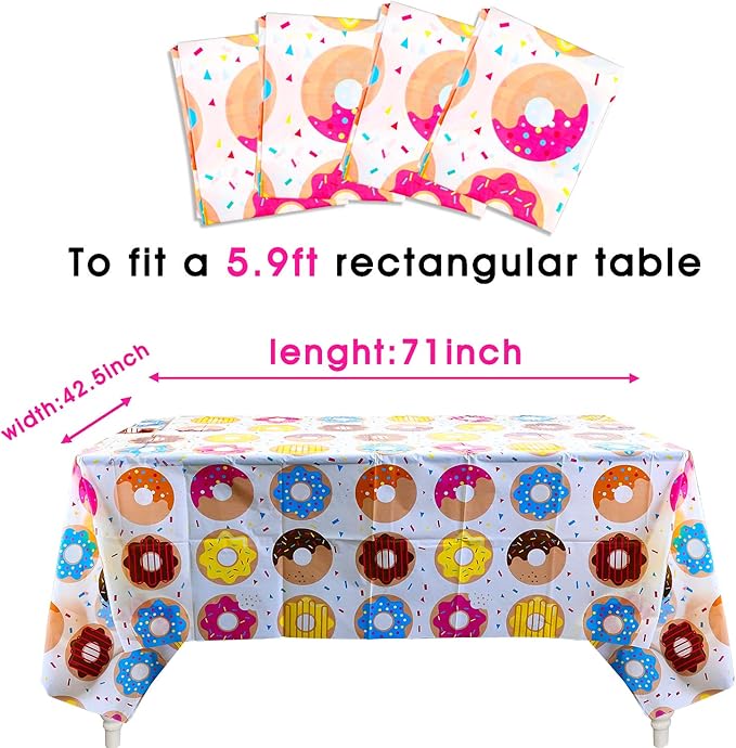 BeYumi 4Pack Donut Party Tablecloth, Rectangular Table Cover for Dining Room Kitchen Decor, Disposable Plastic Picnic TableCover for Kids Birthday, Donut Theme Party Decoration Supplies, 42.5’’ x 71’’