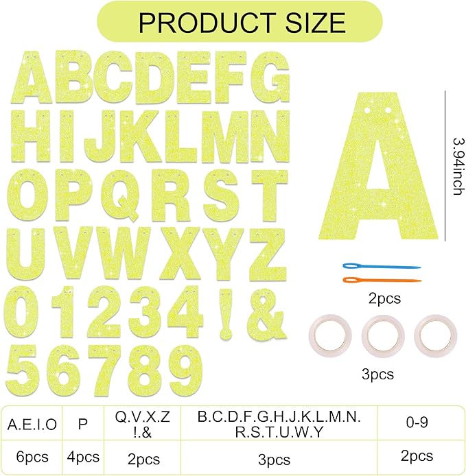 BEISHIDA 116 PCS A-Z DIY Letter Banner Kit Make Your Own Banner Glitter Yellow Including 111 Letters and Numbers 3 Rope and 2 Threading Device,Customized for Birthday Graduation Wedding Party Decor