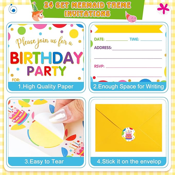 Colarr 24 Pack Birthday Invitations with Envelopes and Stickers Birthday Party Invitations Cards for Baby Shower Party Favors Supplies