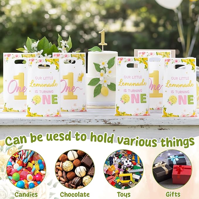 Lemon 1st Birthday Party Favor Bags - 50Pcs Our Little lemonade is Turning One Goody Candy Treat Bags, Summer Lemon Themed Baby First Birthday Party Decorations for Baby Shower