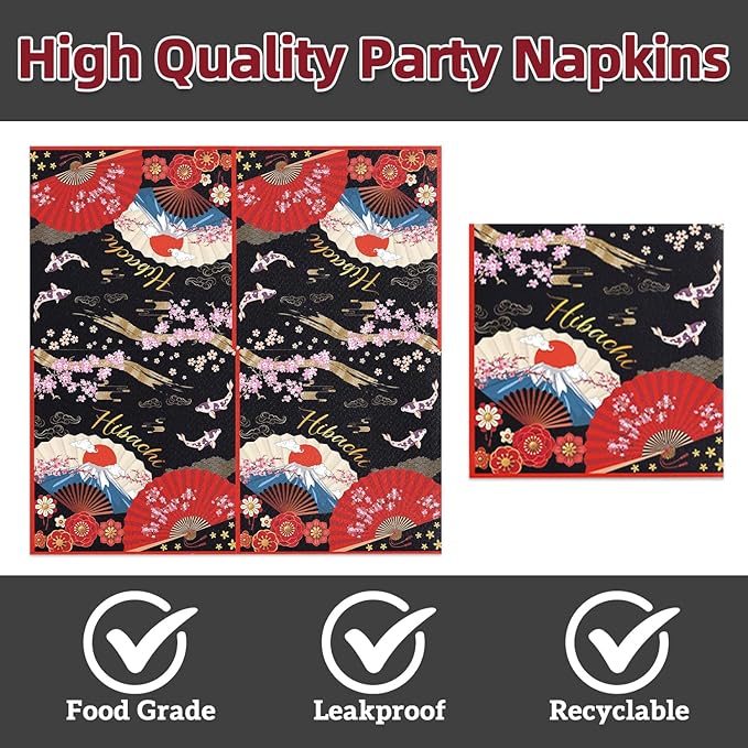40Pcs Hibachi Birthday Party Plates and Napkins for 20 Guests Tableware Hibachi Supplies Oriental Crane Plum Folding Fans Japanese for Kids Baby Shower Birthday Party Decorations