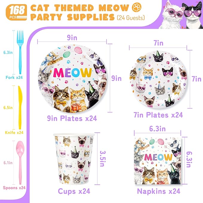 Cats Happy Birthday Party Plates Set, 168PCS Cats Themed Paper Plates Napkins Cups and Colorful Cutlery Set, 24 Set Cat Disposable Tableware Set for Birthday Party Supplies