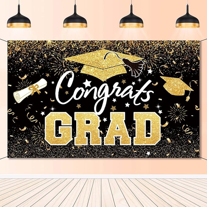 Graduation Party Decorations - Black Gold Congrats Grad Class of 2026 Backdrop Banner Large Sign Wall Decorations Photography Background Party Supplies for 2026 Graduation Party Decorations