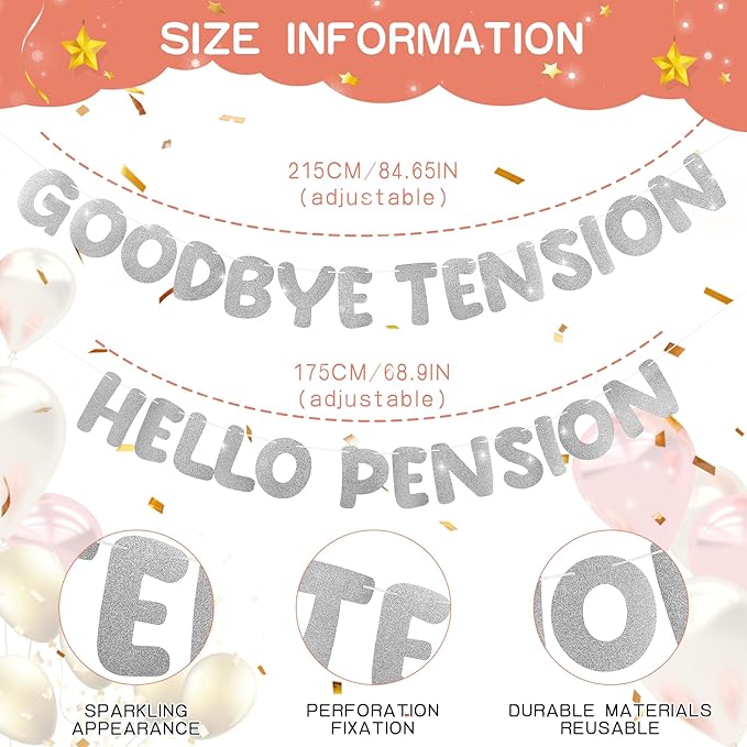 Retirement Banner Pre-Strung GOODBYE TENSION HELLO PENSION Banner Glitter Retirement Party Supplies Decorations for Women Men Office Home Decor (Silver)