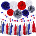 30PCS 4th of July Patriotic Party Decorations, Hanging Tissue Paper Pom Poms Flowers, Red White Blue Tassels Garland Star Streamers, Memorial Day Backdrop Independence Day Party Supplies