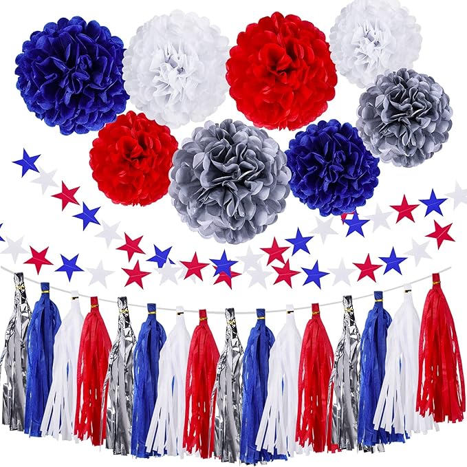 30PCS 4th of July Patriotic Party Decorations, Hanging Tissue Paper Pom Poms Flowers, Red White Blue Tassels Garland Star Streamers, Memorial Day Backdrop Independence Day Party Supplies
