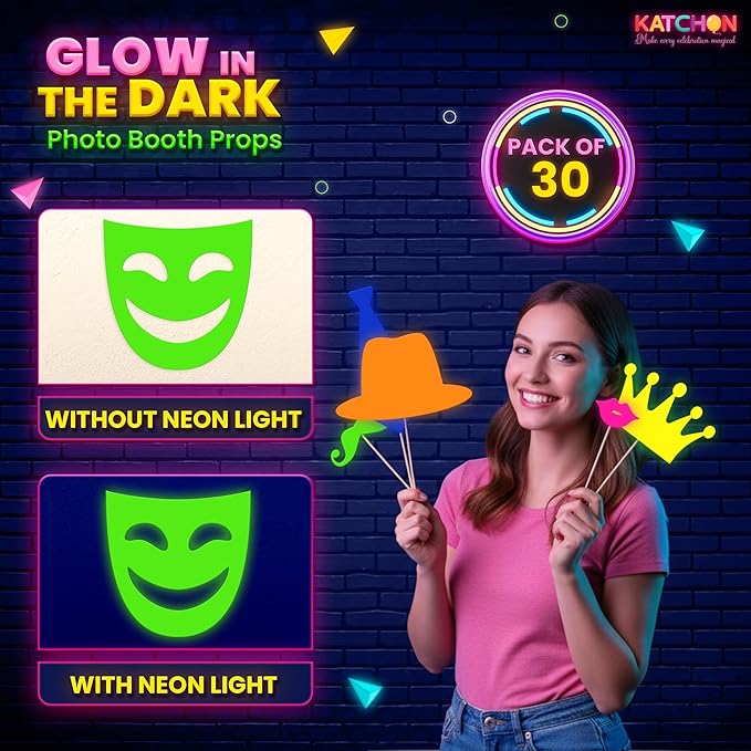 KatchOn, Glow in The Dark Photo Booth Props – Pack of 30 | Neon New Years Photo Booth Props, New Years Eve Party Supplies 2026 | Glow in The Dark Party Supplies | Neon Birthday Party Decorations