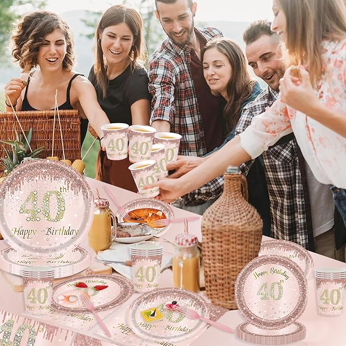 121Pcs 40th Birthday Party Supplies Plates Napkins Cups Forks Tablecloth Rose Gold Happy 40th Birthday Themed Disposable Tableware Decorations Serves 24 Guests for Women 40 Years (40th rose gold)