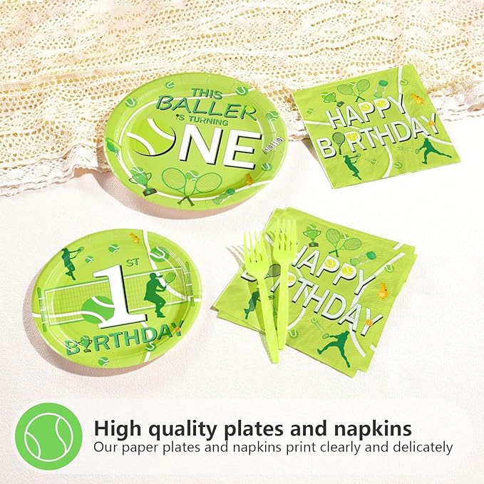 96Pcs Tennis Ball First Birthday Decorations Tennis Party Decorations Plates and Napkins 1st Tableware Set for Baby Boys Girls First Birthday Baby Baptism Party Supplies Serves 24
