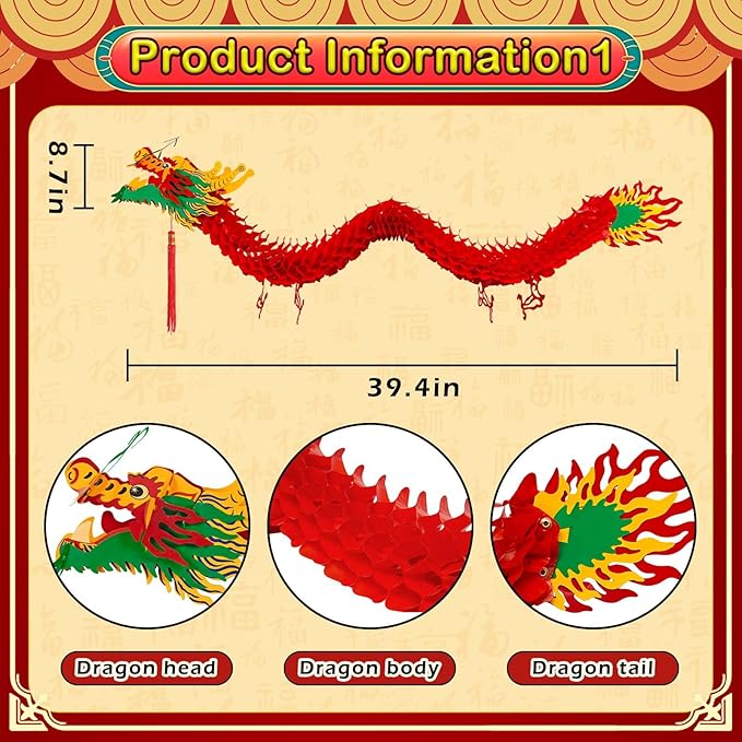 3D Chinese New Year Decorations 2026, Chinese Dragon Decoration with 1 Dragon and 12 Red Plastic Paper Lanterns for Spring Festival Party Lunar New Year Decorations 2026