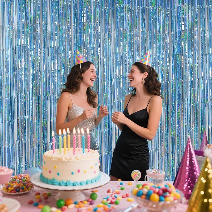 Light Blue Metallic Streamer Backdrop with Glitter Tinsel,3.28 x 6.56ft Foil Fringe Curtains for Gender Reveal & Ocean Theme Wall Hanging Party Supplies, Birthday/Wedding/Photoshoot