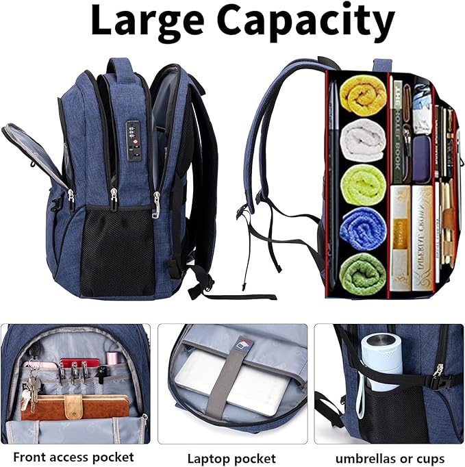 SHRRADOO Anti Theft Laptop Backpack Travel Backpacks with Combination Lock for Women Men (Royal Blue, Large)