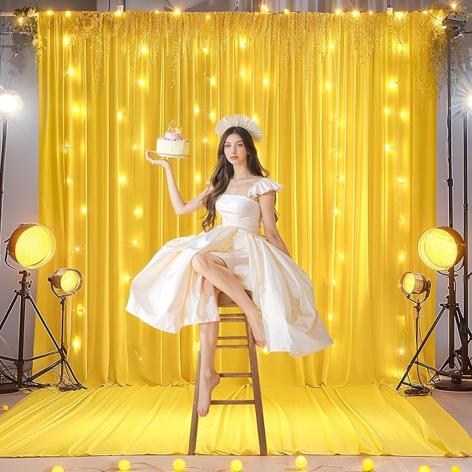 20x10FT Yellow Backdrop Curtains with Lights for Parties,Wrinkle Free Wedding Photo Backdrop Curtains for Baby Shower Birthday Ceremony Reception Home Party Decorations-5ft x 10ft,4 Panels