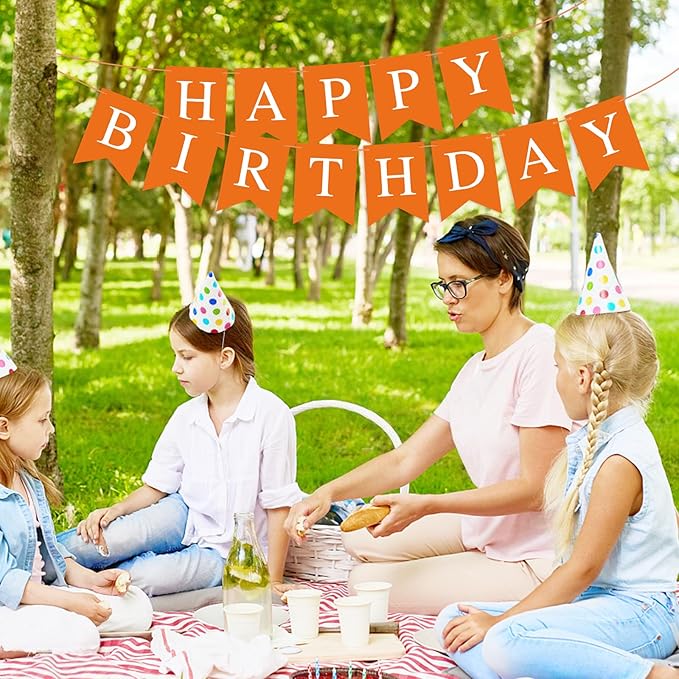 Orange Birthday Banner Sign Happy Birthday Bunting Banner Garland for Kids Girl Woman Tea Party Decorations Bunting Flag Themed Party Supplies