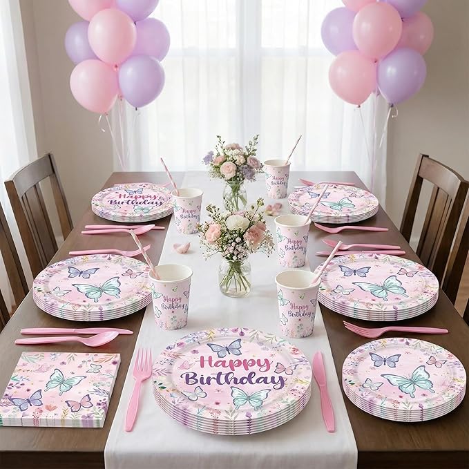 Spring Butterfly Themed Party Decorations Supplies Butterfly Flower Themed Party Tableware Set Include Plates, Cups, Napkins,Cutlery and Straw for Gril Birthday Party Decorations Serves 24
