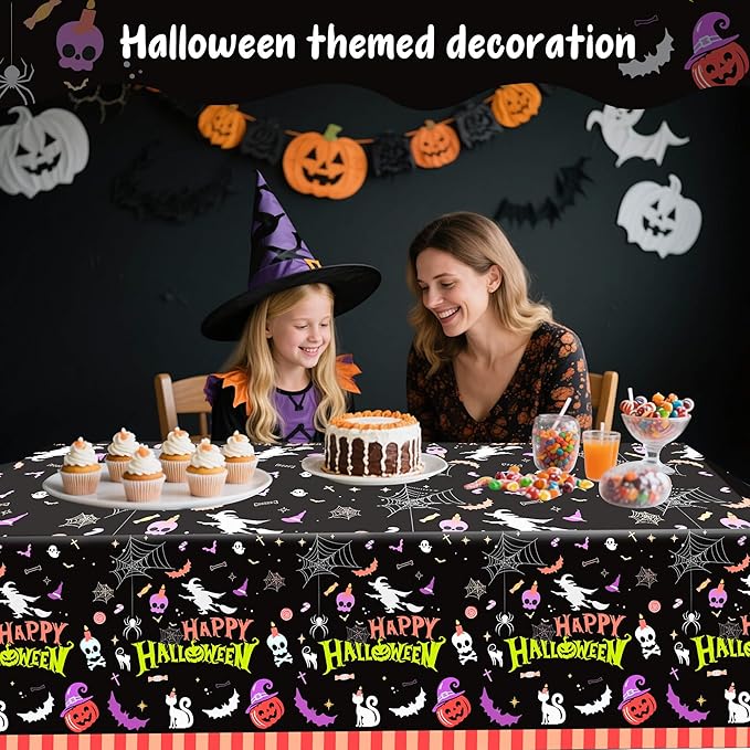 Halloween Tablecloth Plastic Disposable – 3 Pack 54 x 108 Inch Rectangle Table Covers – Witches, Skulls, Pumpkins & Spider Webs – Halloween Table Decorations for Party or Dining