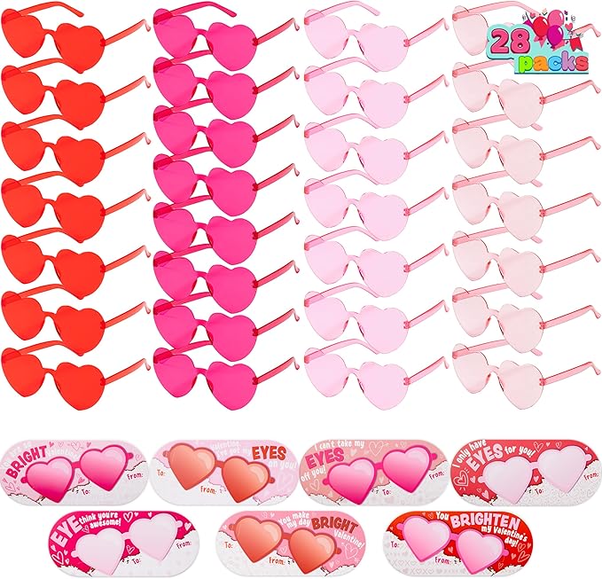 JOYIN 28 Packs Valentines Day Heart Shaped Sunglasses with Cards, Classroom Exchange Gift for Kids, Classroom Holiday Prizes, Stylish Eyewear in Vibrant Colors, Heart Shaped Glasses Party Favors