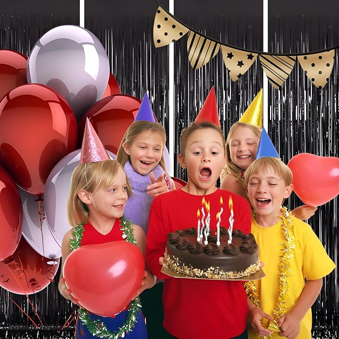Valentines Day 4 Pack 3.3 * 8.3 ft Foil Curtain Metallic Tinsel Fringe Curtains Photo Booth Props Backdrop for Birthday Wedding Engagement Baby Shower Christmas Holiday Celebration Partyl,Black