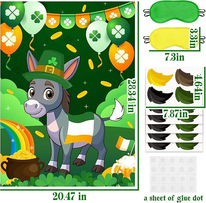 St. Patrick’s Day Pin the Tail On the Donkey Game Large Poster with 24 Pcs Stickers Blindfolds Fun Classroom Activity for Irish St. Patrick’s Day Carnival Birthday Party Decorations Wall Decor