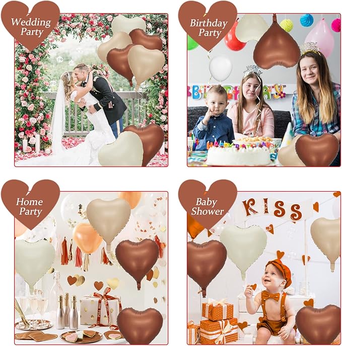 Brown Apricot Heart Balloons, 10Pcs Coffee Cream Beige Foil Heart Shape Balloons, 18inch Nude Neutral Foil Balloons for Helium Valentines Decorations for Engagement, Brithday, Baby Shower, Wedding