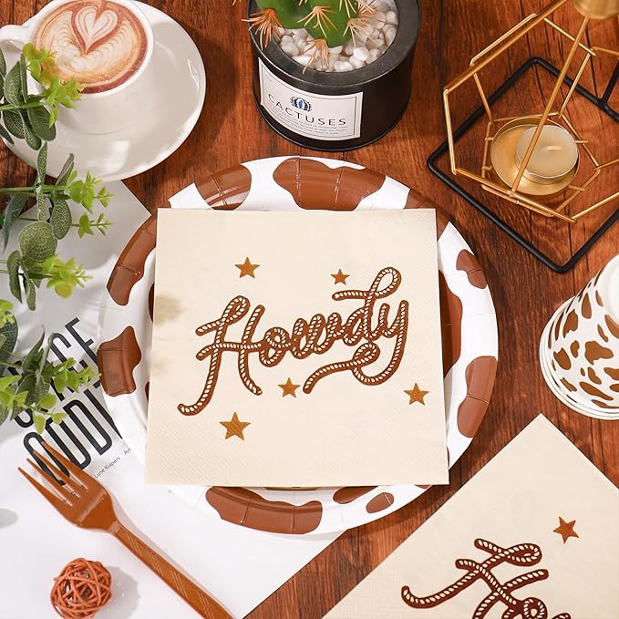 175 Pcs Cowboy Tableware Sets Serves 25 Guests Brown Rodeo Hat Cow Print Plates Napkins Cups Fork Knife Spoon Disposable Dinnerware for Western Birthday Cowgirl Party Supplies