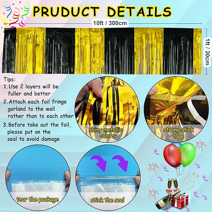 4 Packs Total 39 Feet Graduation Parade Floats for Trailer Car, Black Gold Foil Fringe Garland Tinsel Streamers Banner Table Skirts for Graduation Homecoming Wedding Birthday Party Decor