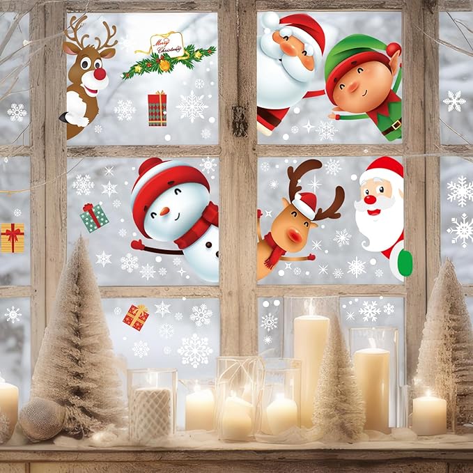 227 PCS Christmas Snowflake Window Clings Decoration, Christmas Window Stickers, Indoor Xmas Party, Snowflake Santa Claus Reindeer Decals, Thanksgiving Party Décor, Winter Holiday Decor Home Party.