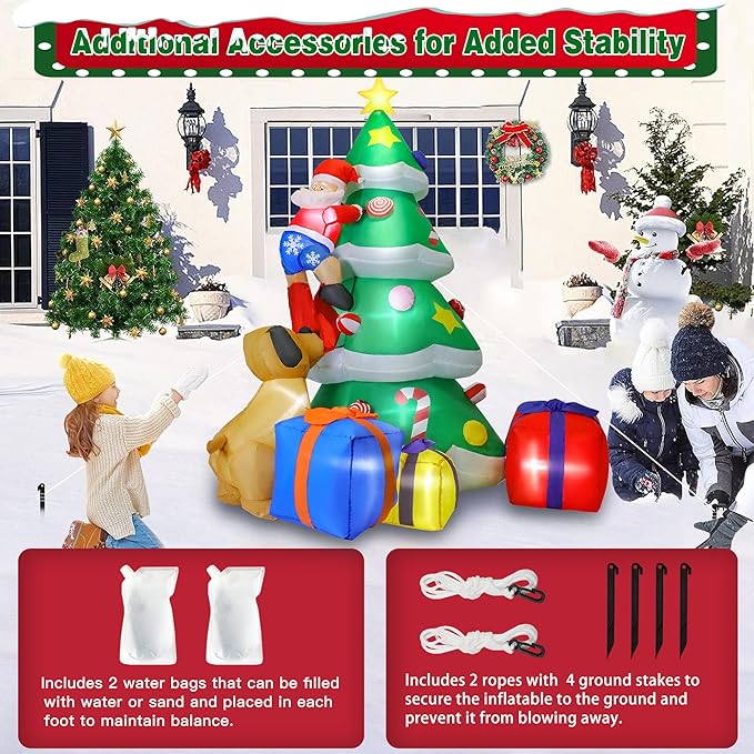 7FT Christmas Inflatable Tree Giant with Dog Bite Santa Claus 3 Wrapped Gift Boxes, Bright LED Lights Christmas Outdoor Decorations Blow Up Decor for Xmas Indoor Party Yard Patio Garden Lawn