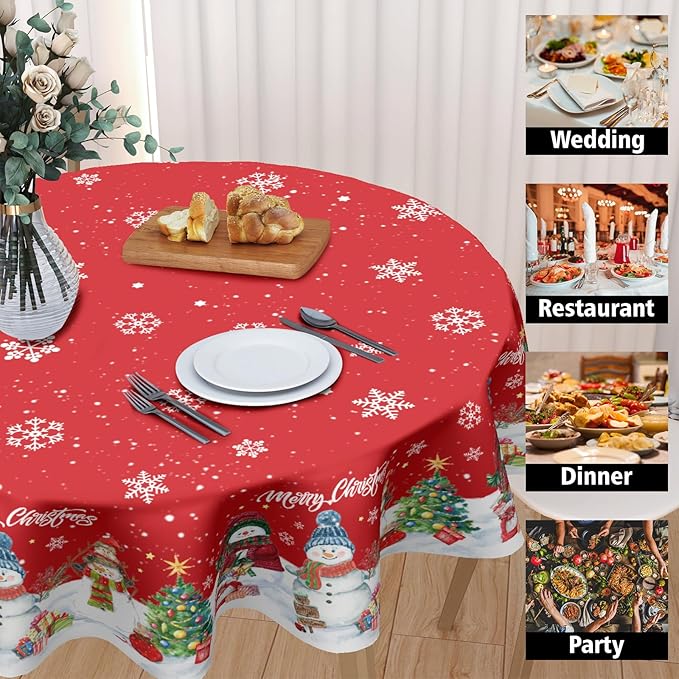 Christmas Round Tablecloth 70 Inch Xmas Snowman and Snowflake Pattern Circle Table Cloth Winter Table Cover Washable Polyester Decor for Home Kitchen Dinning Party