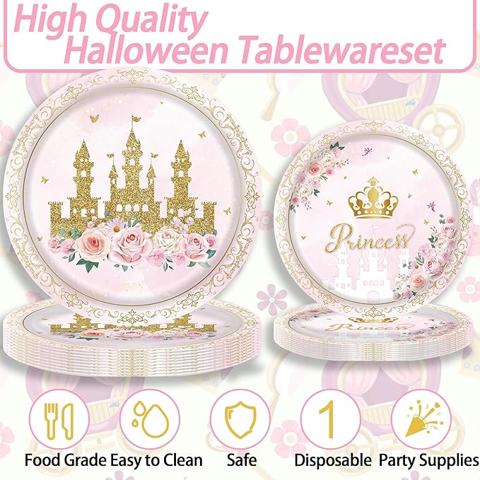 Pink Castle Party Supplies Set, Princess Theme 141 Pieces with Plates, Napkins, Cups and Tableware for 20 Guest Pink Castle Design Cuterly for Princess Party